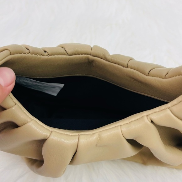 New Minimalist Ruched Bag Tan Khaki Faux Leather Mini Handle bag Purse - Picture 6 of 7